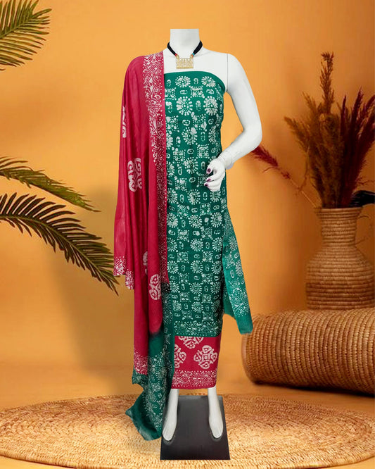 Katan Silk Suits Teal Green Color Batik Print - IndieHaat