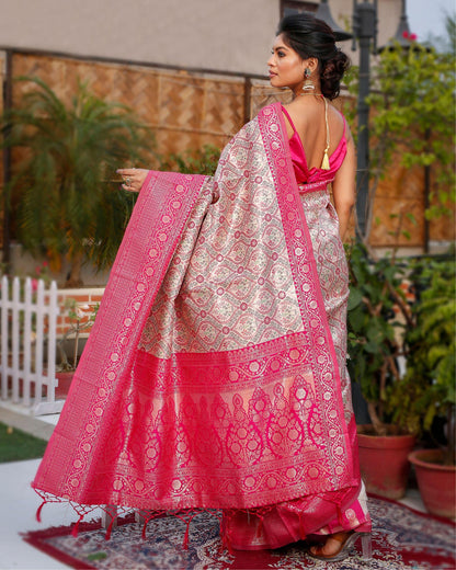 Banarasi Silk Saree Light Beige & Pink Color with contrast pallu and blouse - IndieHaat