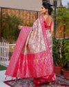 Banarasi Silk Saree Light Beige & Pink Color with contrast pallu and blouse - IndieHaat