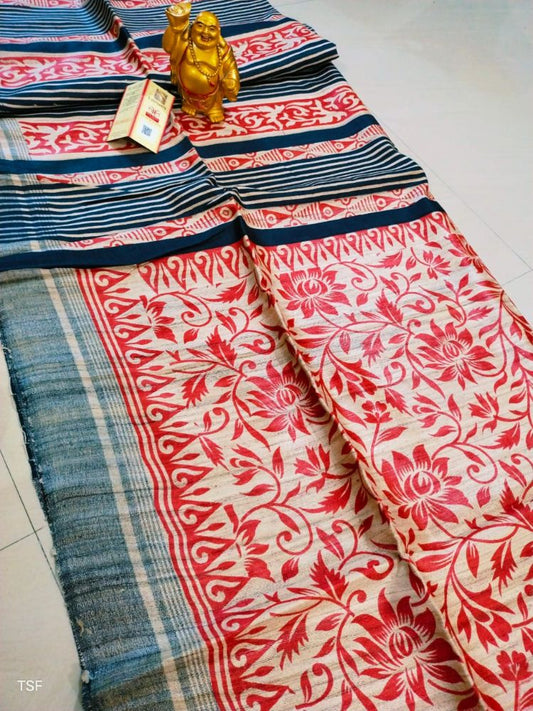 Silkmark Certified Tussar Silk Handloom Handblock Printed Red and Blue Saree with Blouse-Indiehaat