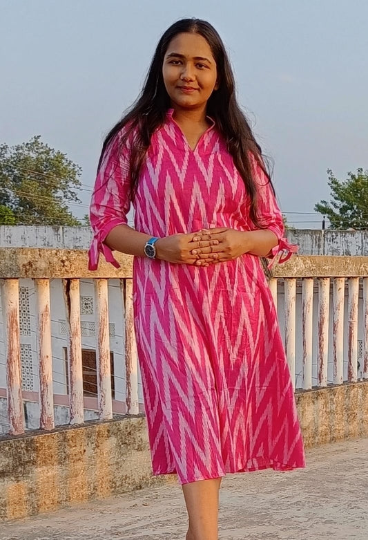 Pure Cotton Dress Ikkat Design Pink 25% Off - IndieHaat