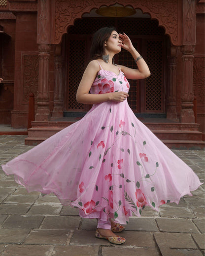 Organza Stitched Suit Pink Color Hand painted - IndieHaat