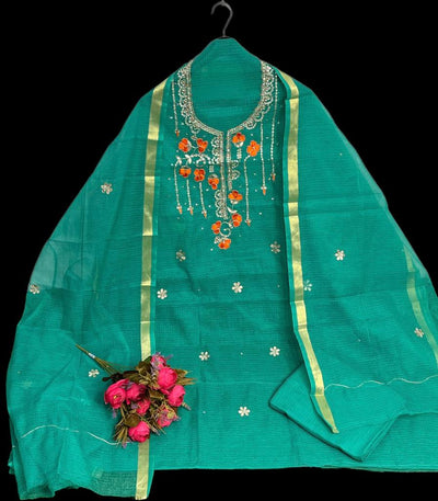 Kota Doria Green Suit Hand Gota Patti Work-Indiehaat