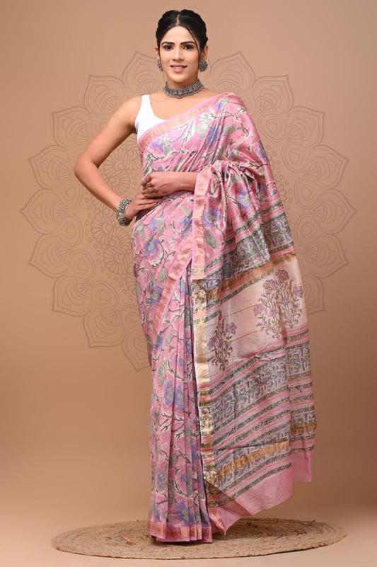 Pure Maheshwari Silk Saree Pink Hand block Printed with running blouse (Silk by Silk)-Indiehaat