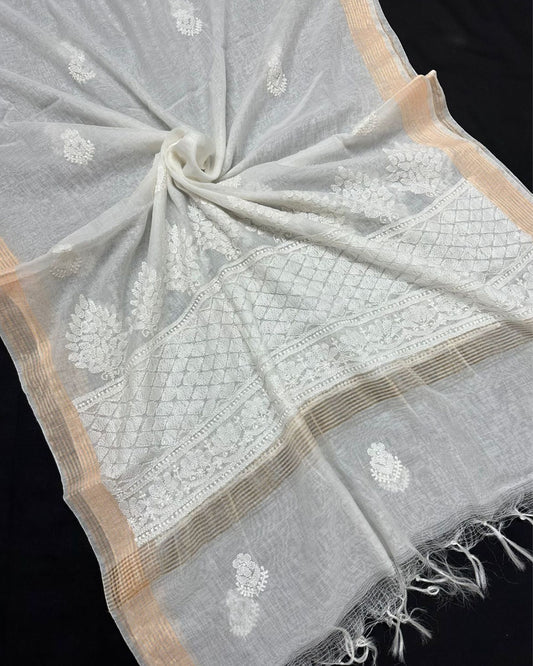 Chanderi Silk Dupatta White Color with Chikankari work - IndieHaat