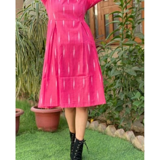 Pure Cotton Pink Ikkat Handblock Printed Prestitched Dress (Size 34 to 46)-Indiehaat