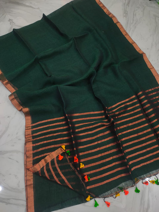 Save Big on Pure Linen Saree Contrast Striped Pallu with Running Blouse-Indiehaat