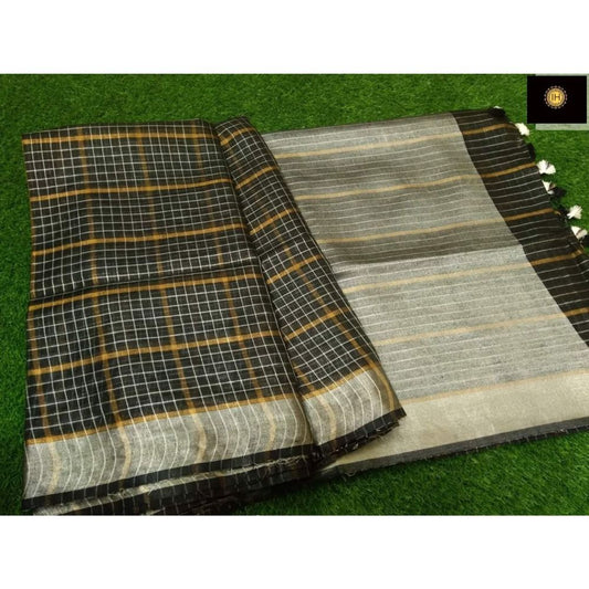 Pure Linen Check Design Handloom Black Saree with Running Blouse-Indiehaat