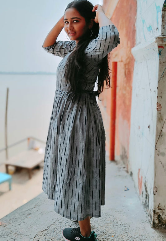 IndieHaat|Pure Cotton Dress Ikkat Design Grey 25% Off