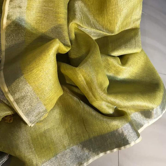Hand Dyed Pure Tissue Linen Yellow Clor Saree With Running Blouse-Indiehaat