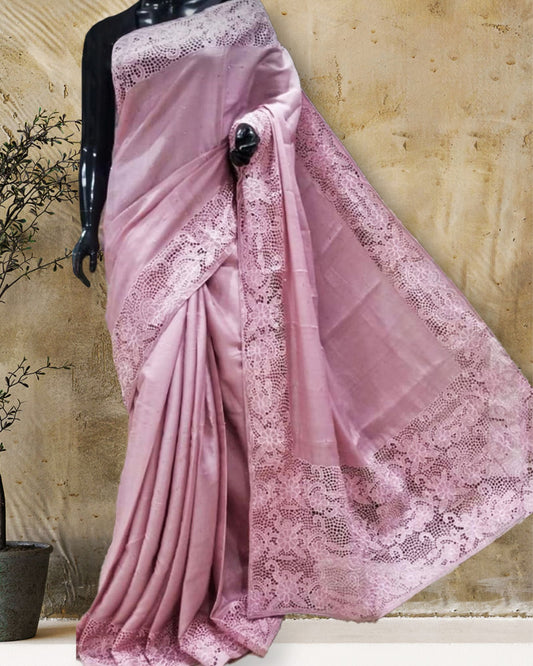 Silkmark Certified Pure Tussar Hand Cutwork Pink Lavender Color Saree (Tussar by Tussar Fabric) - IndieHaat