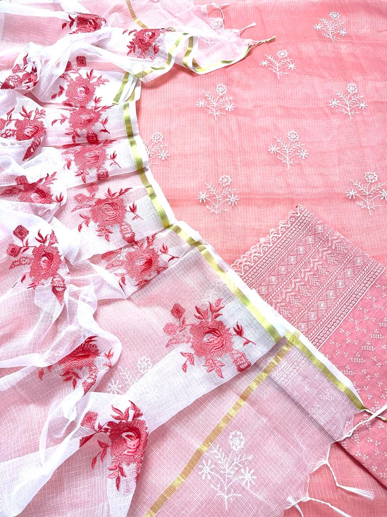 Kota Doria Suits Cross Stitch Embroidery work Pink Colour (top+dupatta+bottom)