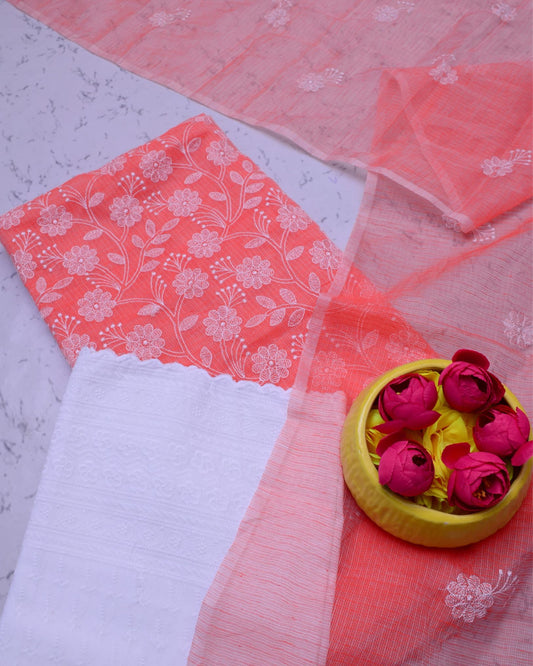 Kota Doria Suits White & Coral Pink Color Embroidery Work (Top+Bottom+Dupatta) - IndieHaat