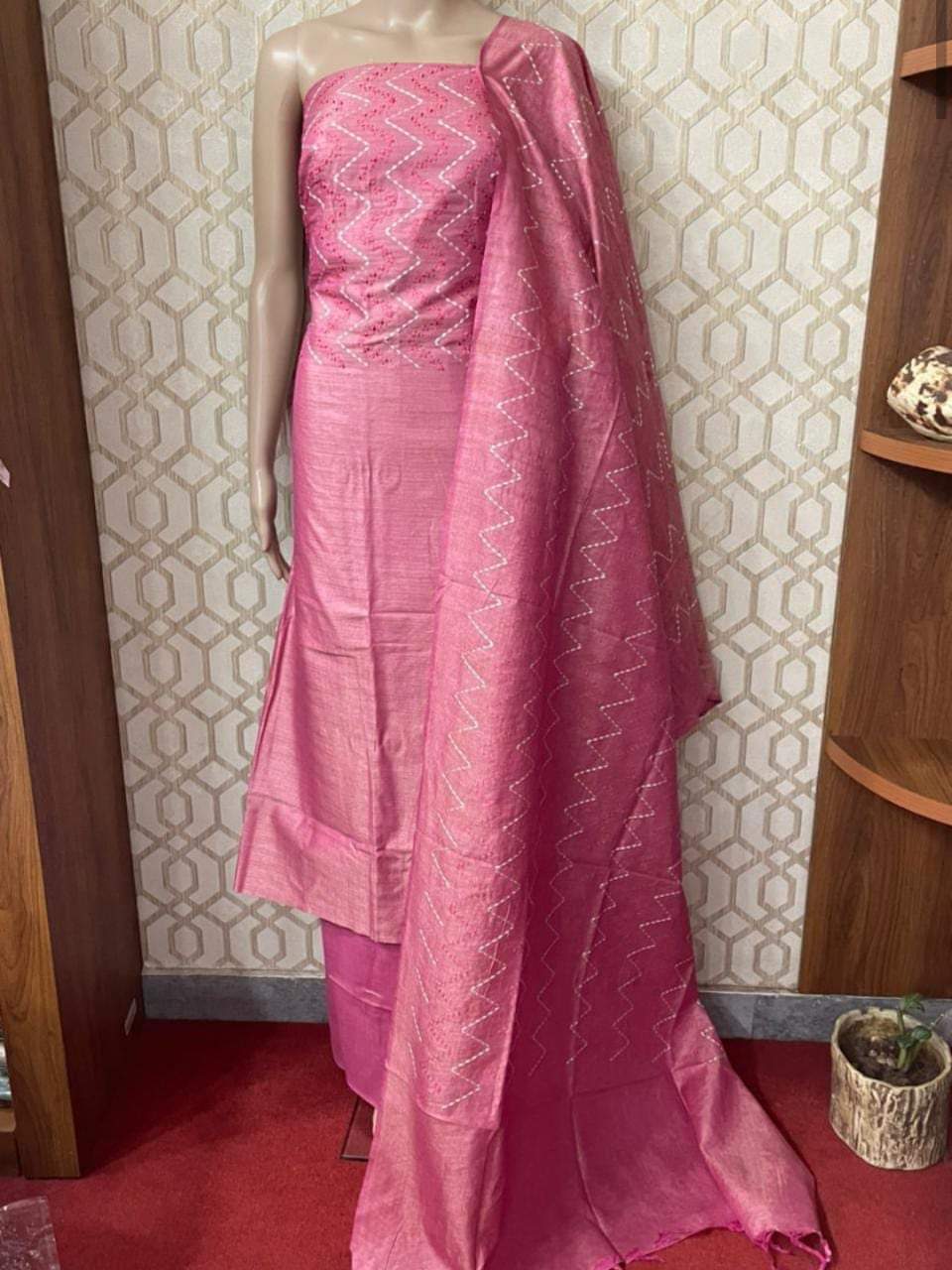 Katan Silk Suit Piece Pale Violet Red Colour with Bottom and Dupatta Digital Zig-Zag Embroidered