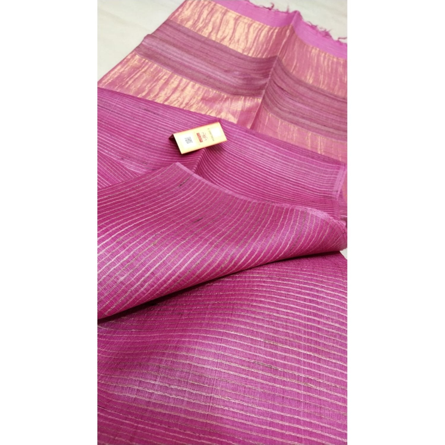 Silkmark Certified Eri Silk with Gichcha Tussar Stripes Hand Dyed pink Saree with Blouse-Indiehaat