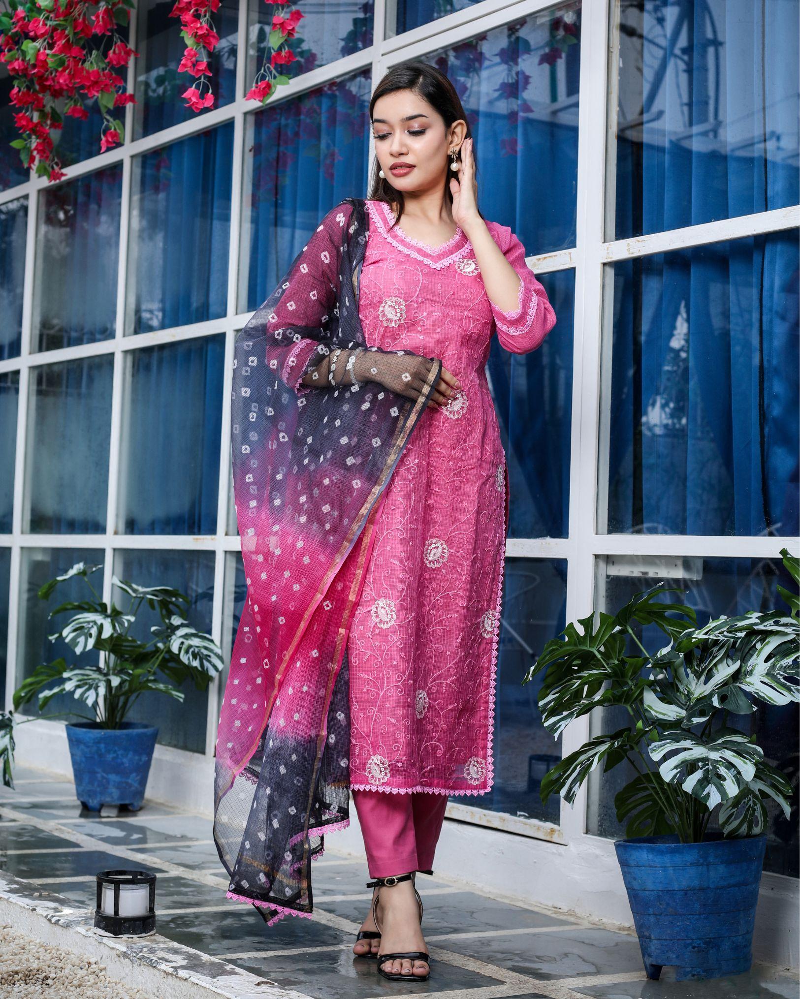 Pure Cotton Kota Doria Suits (Top+Bottom+Dupatta) Pink Color Stitch embroidery with Hand Bandhej work Dupatta - Indiehaat