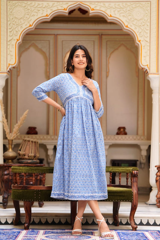Pure Cotton Light Blue Color Handblock Printed Naira Cut V Neck Dress (Size: 36-46) - IndieHaat