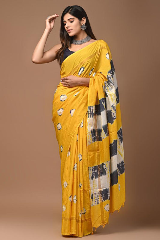 Pure Assam Silk Yellow Saree Hand Block Print with Running Blouse-Indiehaat