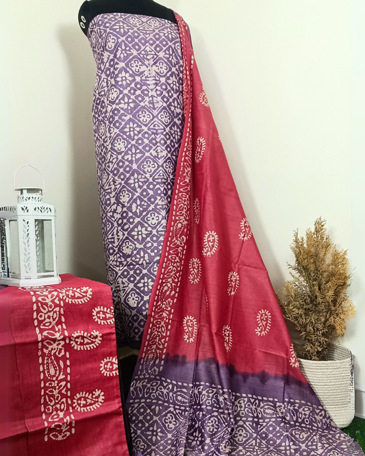 Khadi Silk Suit Light Purple Batik Print (Top+Bottom) with Bandhini Dupatta