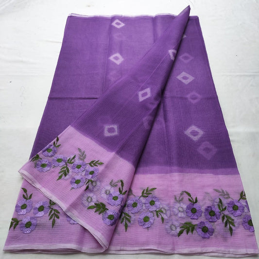 Kota Doria Saree Bandhej and Embroidery Work Purple With Blouse Handcrafted-Indiehaat