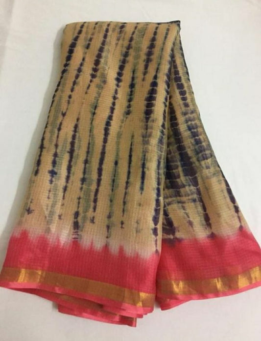Pure Silk Kota Doria Multi Tye-Dye Sarees Barley Corn Brown Colour with contrast blouse-Indiehaat