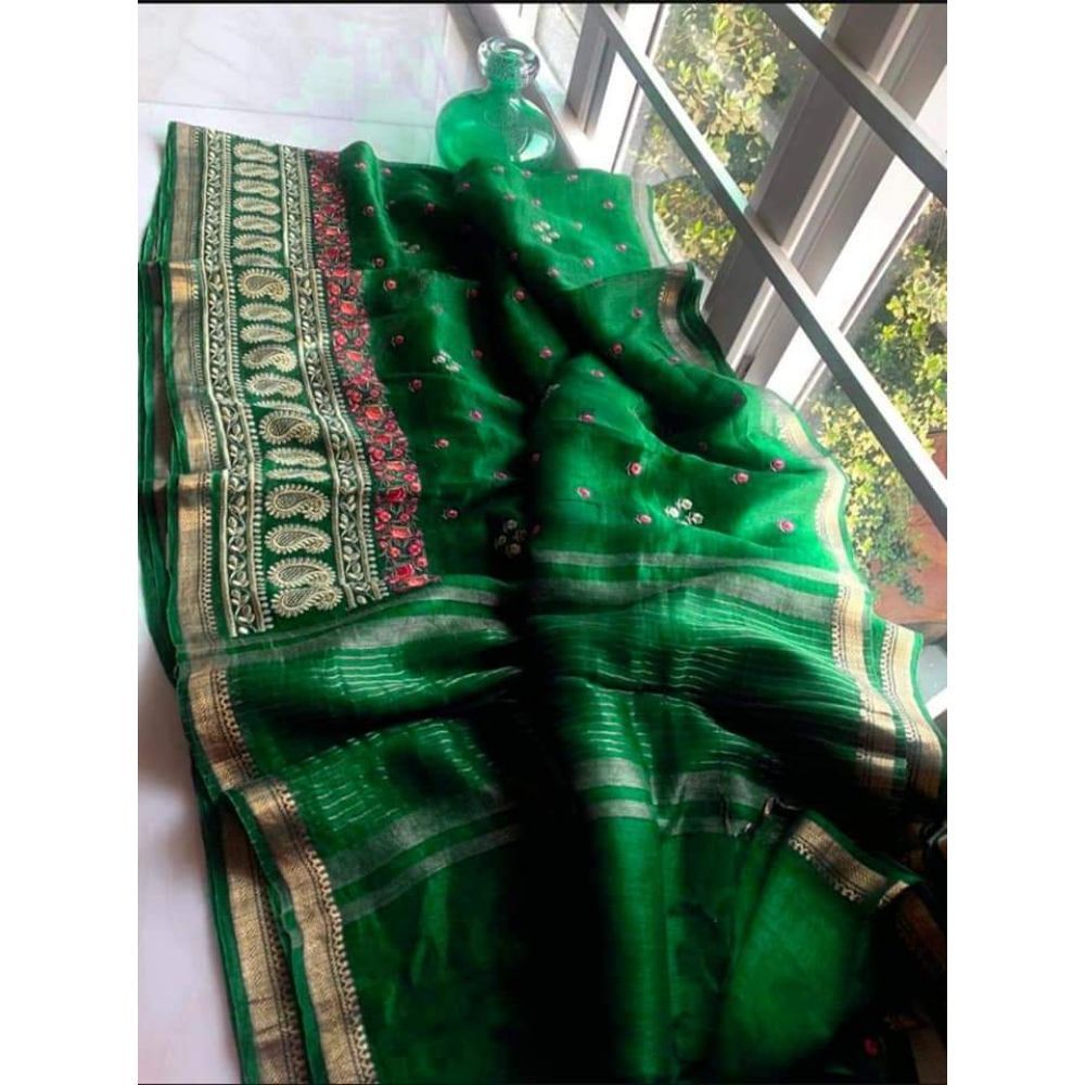 Silk Linen Digital Embroidered Handloom Saree with Running Blouse