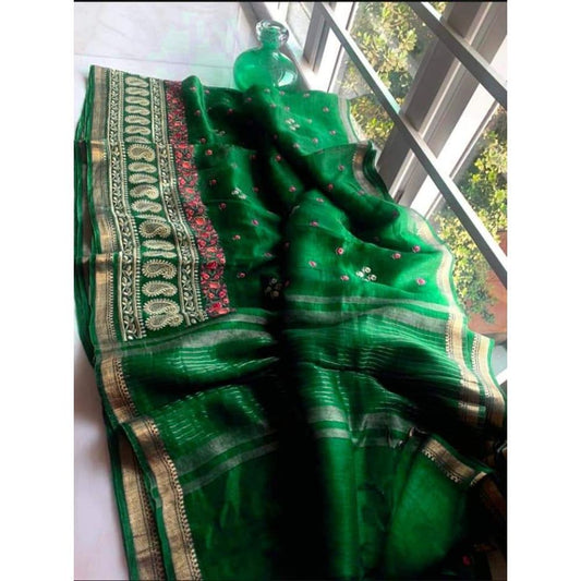 Silk Linen Digital Embroidered Handloom Green Saree with Running Blouse-Indiehaat