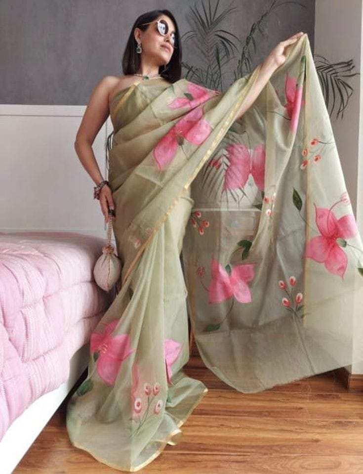 Organza Silk Saree Olive Green Color Hand Painted with running blouse - IndieHaat