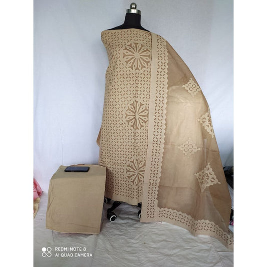 Cotton Applique work Brown Suit with Organdy Dupatta-Indiehaat