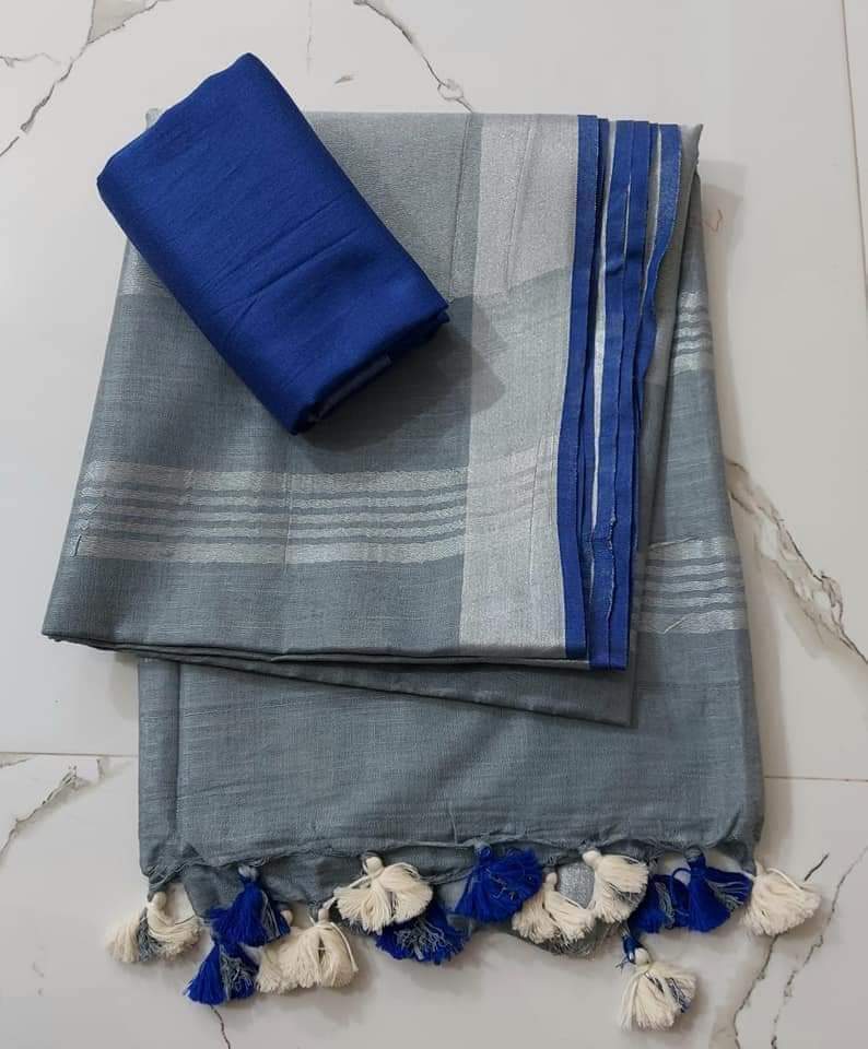 Slub Linen Hand Dyed Mid Grey & Blue Colour Saree with Contrast Blouse-Indiehaat