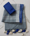 Slub Linen Hand Dyed Mid Gray & Blue Colour Saree with Contrast Blouse-Indiehaat