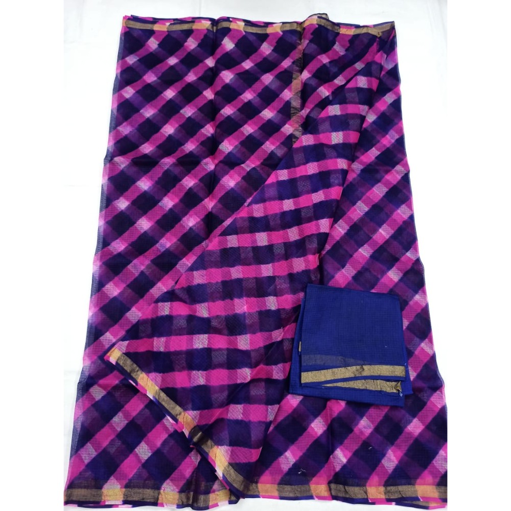 Pure Silk Kota Doria Pink Saree with blouse Handcrafted-Indiehaat