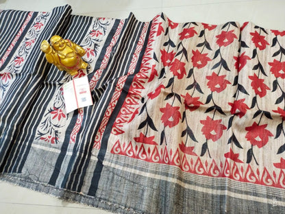 Silkmark Certified Tussar Silk Handloom Handblock Printed Red and Black Saree with Blouse-Indiehaat