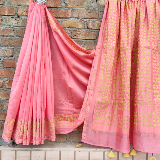 Chanderi Silk Peach Saree Hand Applique Work with running blouse-Indiehaat