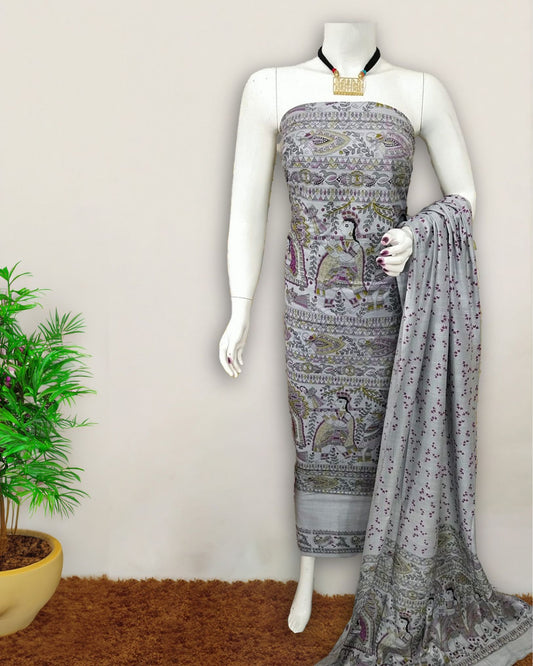 Katan Silk Suit Lavender Gray Color Madhubani Print - IndieHaat