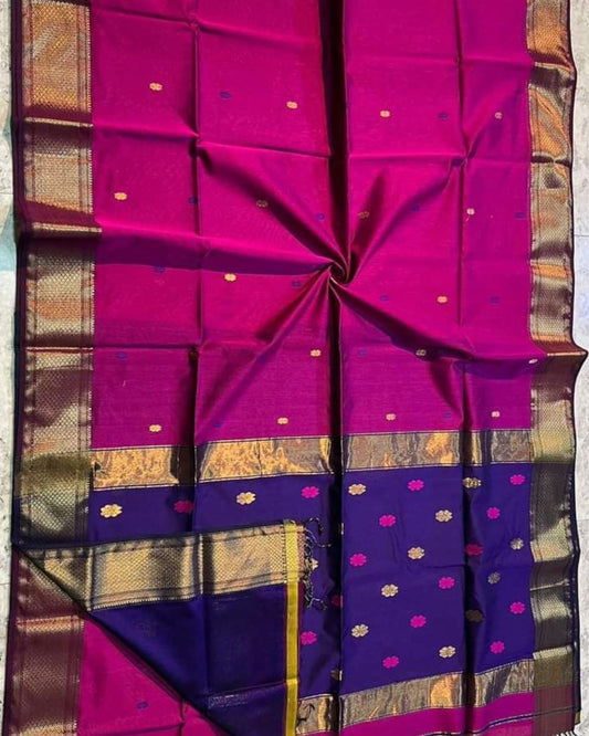 Maheshwari Handloom Handwoven Saree Deep Pink Color Double Design Zari Border, flower work Buti pallu and running blouse - IndieHaat