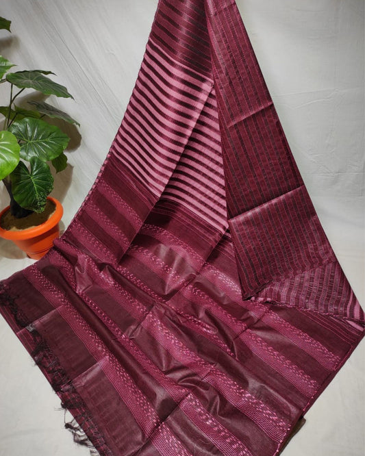 Bansbara Silk Saree Dark Maroon Color Striped Design with Tassel and running blouse - IndieHaat