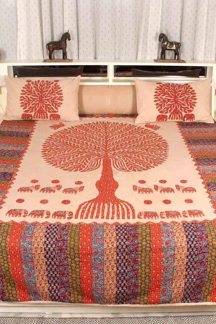 Watusi Orange Color Cotton Bed Cover Tree of Life Azrak patch work kanta work applique work Size: 90 Inch x 108 Inch-Indiehaat