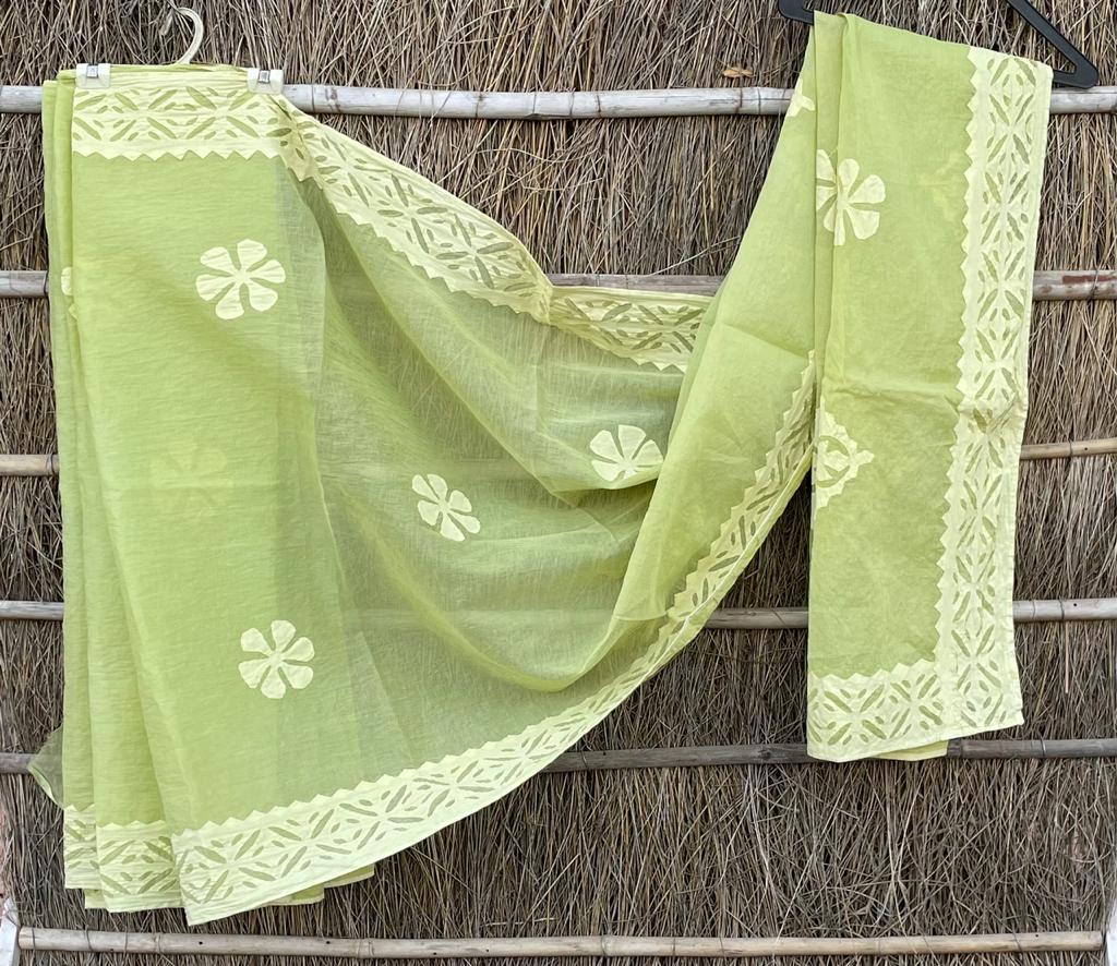 Organdy Cotton Saree Applique work Pale Leaf Green Colour with running blouse-Indiehaat
