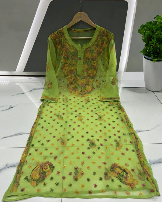 Georgette Kurti Olive Green Color with Chikankari and Resham Keel Work - IndieHaat