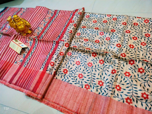 Silkmark Certified Tussar Silk Handloom Handblock Printed Red Saree with Blouse-Indiehaat