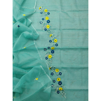 Kota Doria Green Suit Material 2 Piece Embroidered (Only Top and Dupatta)-Indiehaat