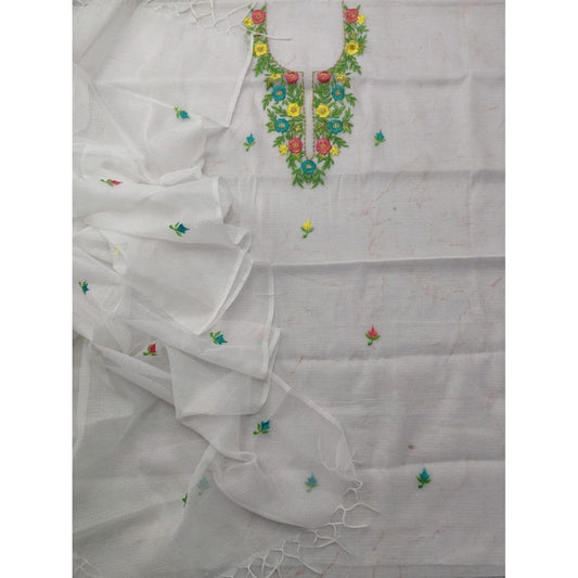 Kota Doria White Suit Material 2 Piece Embroidered (Only Top and Dupatta)-Indiehaat