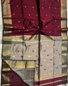 Maheshwari Handloom Handwoven Saree Maroon Color Double Design Zari Border, flower work Buti pallu and running blouse - IndieHaat