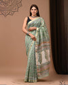 Pure Maheshwari Silk Saree Green Handblock Printed with running blouse