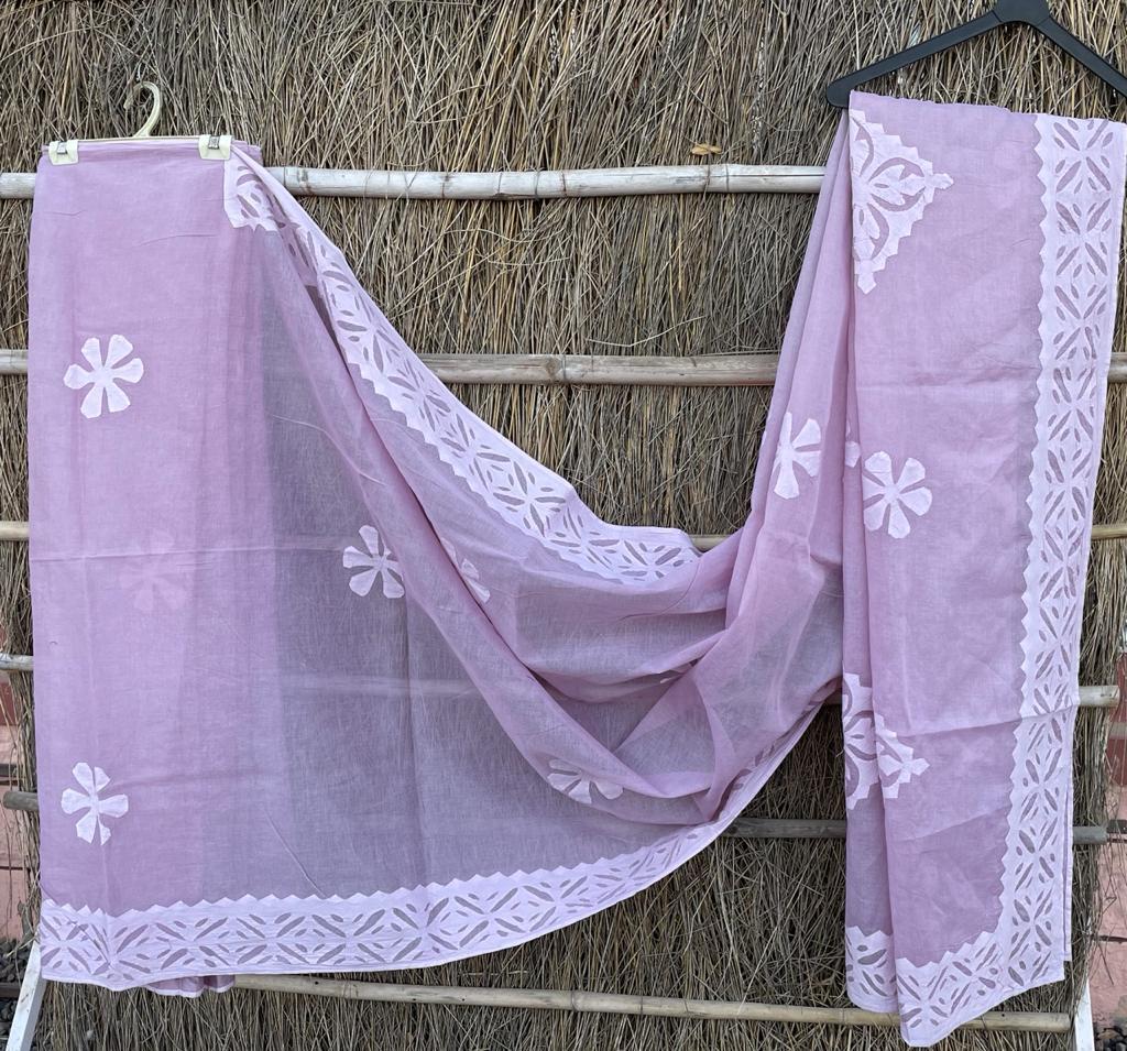 Organdy Cotton Saree Applique work Light Pastel Purple Colour with running blouse