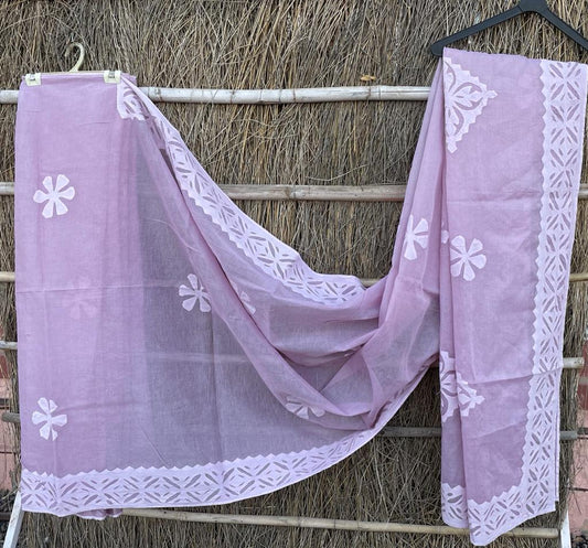 Organdy Cotton Saree Applique work Light Pastel Purple Colour with running blouse-Indiehaat