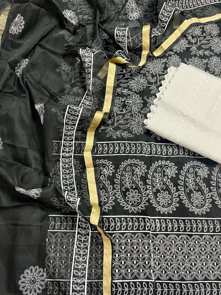 Kota Doria Embroidery Work Suits with Chikankari Embroidery work bottom Eerie Black Colour (TOP+DUPATTA+BOTTOM)