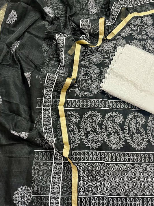Kota Doria Embroidery Work Suit Material with Chikankari Embroidery work bottom Eerie Black Colour (TOP+DUPATTA+BOTTOM)-Indiehaat