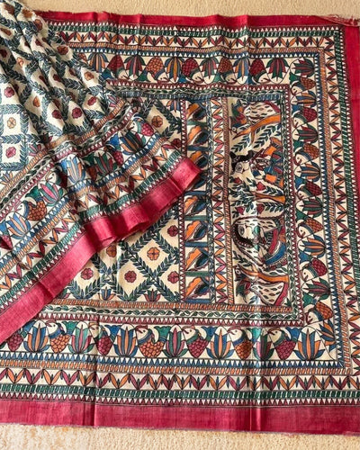 Silkmark Certified Pure Tussar Silk Saree Light Peach Color Full Body Handpainted with running blouse - IndieHaat